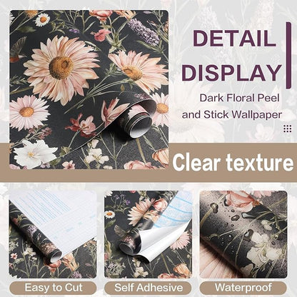 Livebor Dark Floral Peel and Stick Wallpaper Vintage Floral Contact Paper 16.9” x 196.8” Bird Flower Wallpaper Peel and Stick Boho Flower Self Adhesive Removable Wall Paper Decor for Cabinets Vinyl