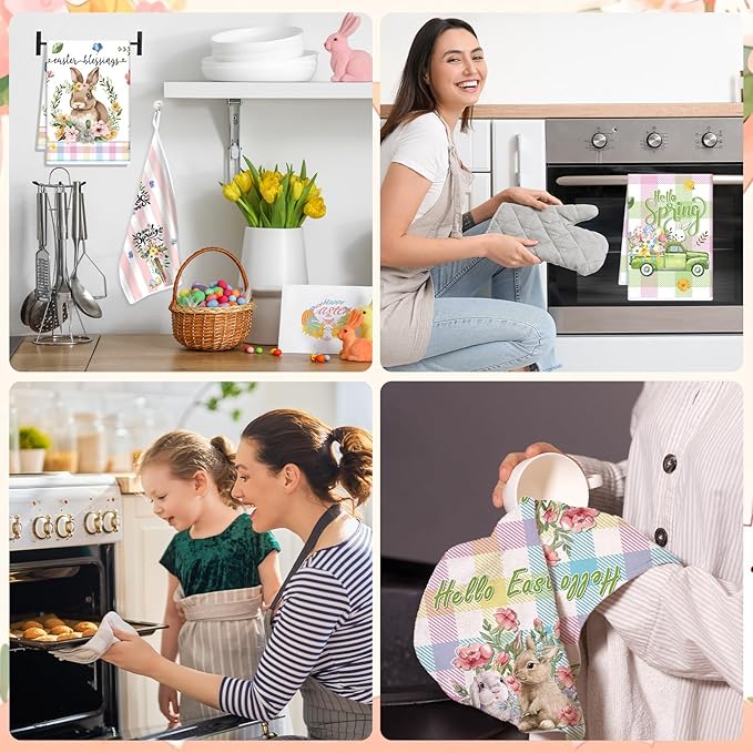 Easter Towels Kitchen Sets - Easter Bunny Rabbit Dish Towel 16x24 Inch Colorful Easter Kitchen Towel Spring Hand Towels Hello Spring Set of 6 Easter Blessings for Bathroom Kitchen
