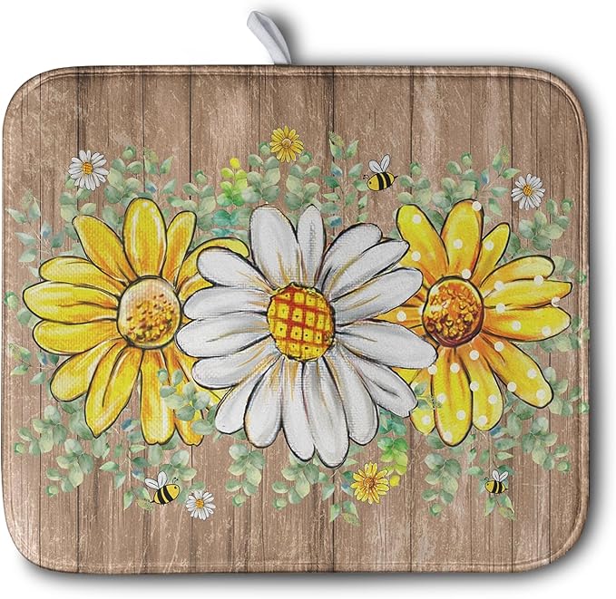 Rustic Daisy Floral Dish Drying Mat for Kitchen Counter Spring Summer Sunflower Dish Drying Mat Bee Absorbent Microfiber Dish Mat Reversible Dish Drainer Rack Mat 16x18 Inch