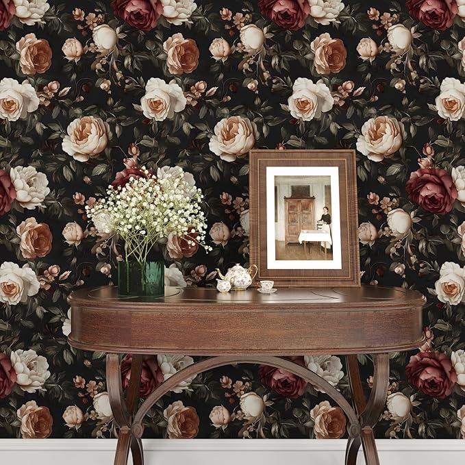 Dark Vintage Floral Wallpaper Peel and Stick, Black/White/Red Retro Rose Flowers Contact Paper, 17.5" x 118" Wall Paper Self Adhesive Waterproof Removable for Room Shelves Cabinet Drawer Table Decor