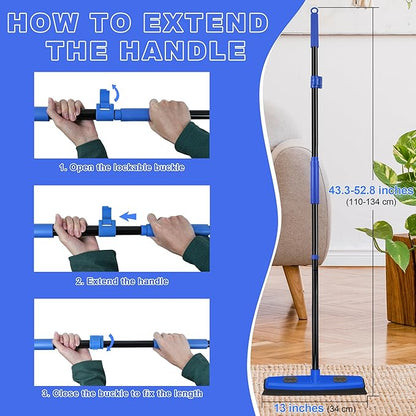 Rubber Broom Carpet Brush with Squeegee, Pet Hair Remover with 52.8 inches Long Handle, Detailing Lint Fur Removal Tool, Silicone Rug Rake for Cleaning Hardwood Floor, Tile, Window (Blue)