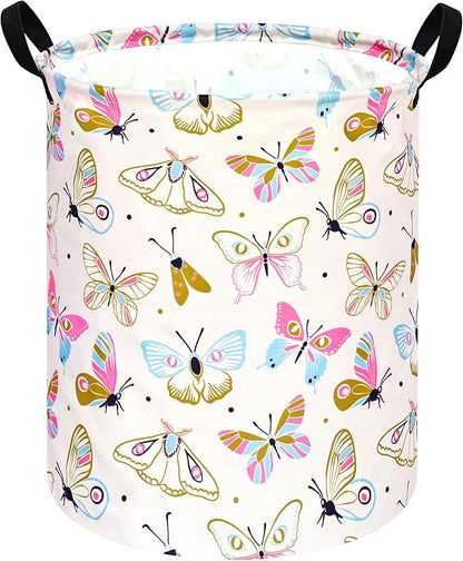 KUNRO Round Spring Butterfly Laundry Gift Basket Storage Hamper, Clothes Storage Organizer Bins, Shelf Basket with Handles for Room Decor