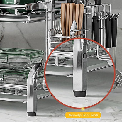 Counter Dish Stainless Steel Dish Drying Rack for Countertop - Rustproof Space-Saving & Multipurpose 3-Tier Dish Rack for Kitchen Counter with Utensil Holder, Large-Capacity Kitchen Organizer