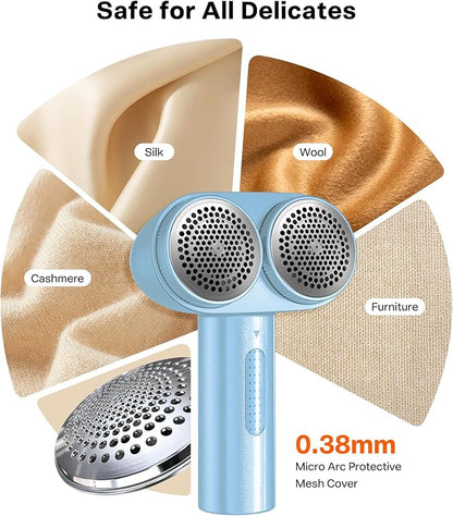 TORRAS Dual-Head Fabric Shaver, Longest Durability & 50ml Large Capacity Rechargeable Lint Removers to Remove Pills, 6-Leaf Blades Defuzzer, Electric Shaver for Clothes Couch Furniture, Blue