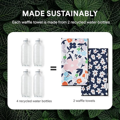 RECYCO Waffle Kitchen Towel Set of 2 - Quick Dry Microfiber Sustainable Dish Towels - Ultra Absorbent Reusable Cleaning Tea Towels - Lightweight Hand Towels,16”x 28”, Whimsy Petals