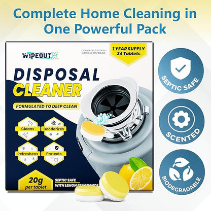 Garbage Disposal Cleaner Tablets - 24 Pack (1-Year Supply) Powerful Foaming Lemon Scented Kitchen Sink Freshener Drain & Pods Odor Eliminator and Deodorizer Septic Safe