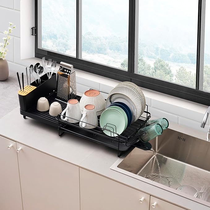 Dish Drying Rack Countertop Expandable Dish Drainer — Up to 26.7" Telescoping Extending Drying Station Organizer with Drainboard & Removable Utensil Holder — Dish, Silverware & Cup Storage, Black