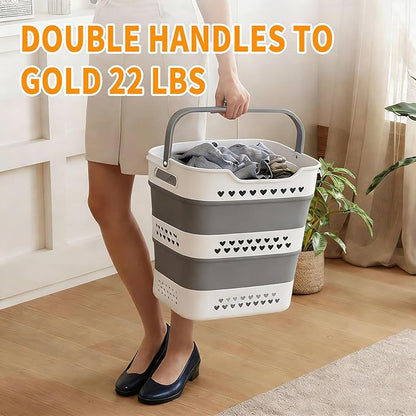2 Pcs 42L Medium Collapsible Plastic Laundry Basket with Handles, Foldable Laundry Basket Hamper, Pop Up Storage Container Organizer for Washing Storage (Gery, 17 Inch * 13 Inch * 15 Inch)