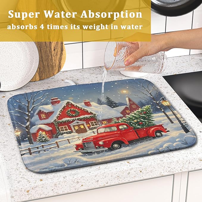 Christmas Dish Drying Mat for Kitchen Counter 16x18 Red Truck Winter Xmas Snow Scene Holiday Theme Absorbent Reversible Microfiber Drying Mats Kitchen Countertop Protector Dishes Drainer Pad