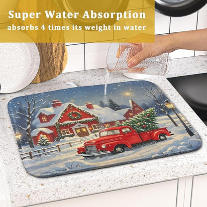 Christmas Dish Drying Mat for Kitchen Counter 16x18 Red Truck Winter Xmas Snow Scene Holiday Theme Absorbent Reversible Microfiber Drying Mats Kitchen Countertop Protector Dishes Drainer Pad
