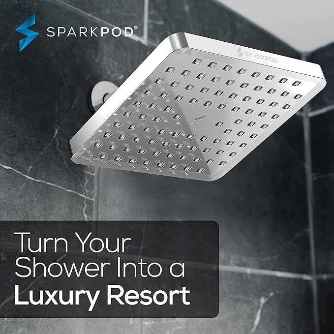 SparkPod Shower Head - High Pressure Rain - Premium Quality Luxury Design - Easy Clean Adjustable Replacement for Your Bathroom Shower Heads (Luxury Polished Chrome, 8 Inch Square)