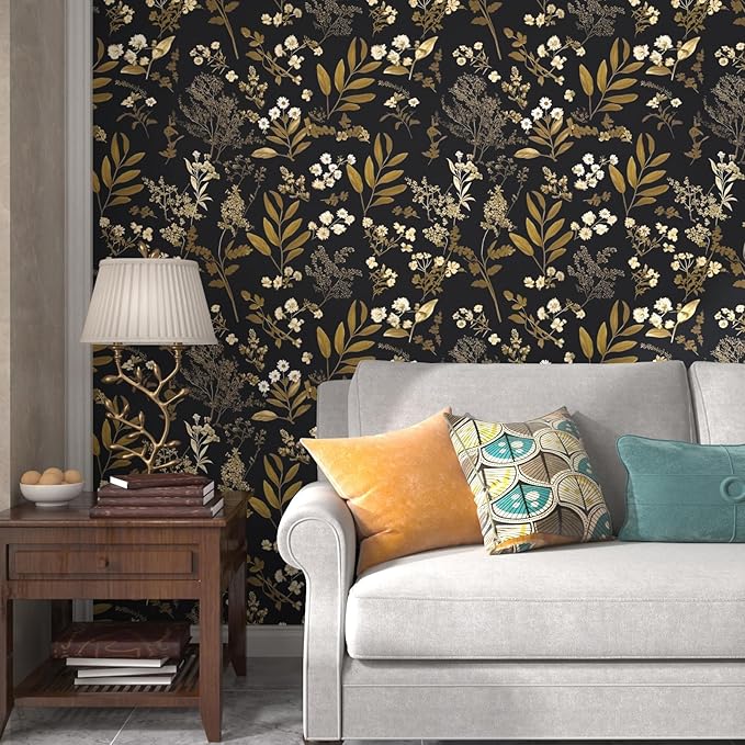 Laatse Black Gold Wallpaper Peel and Stick Dark Floral Wallpaper 17.5in x 118in Vintage Leaf Contact Paper Vinyl Waterproof Self Adhesive Boho Botanical Wall Paper for Bedroom Cabinet Décor