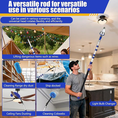 30FT Light Bulb Changer for High Ceilings with 5-24FT Heavy Duty Extension Pole,High Ceiling Fan Duster Extendable Reusable Cobweb,Feather,Window Cleaning Squeegee Kit for Home & House,Interior Roof