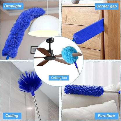 6-in-1 Duster for Cleaning Kit, Extendable Duster with Stainless Steel Pole - Microfiber, Ceiling Fan Cleaner Dusters and Chenille Dusters, Bendable Cobweb Removers for High Ceilings, Fans, Blinds