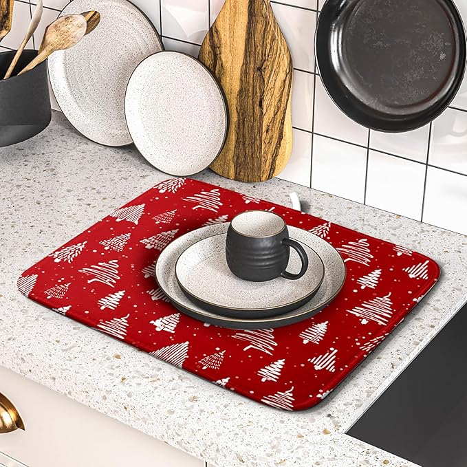 Christmas Dish Drying Mat 16 x 18 Inch With Absorbent Reversible Microfiber Red Xmas Tree Snowflake Drying Mats Winter Holiday Dish Drainer Mat Fast Dry For Kitchen Dining Room Decoration