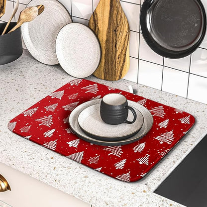 Christmas Dish Drying Mat 16 x 18 Inch With Absorbent Reversible Microfiber Red Xmas Tree Snowflake Drying Mats Winter Holiday Dish Drainer Mat Fast Dry For Kitchen Dining Room Decoration