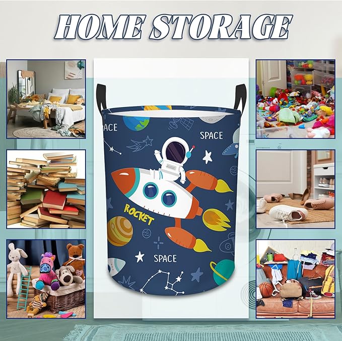 Rocket Laundry Hamper, 43L Round Rocket Laundry Basket, Waterproof Collapsible Storage Organizer Bin with Handles for Toys, Nursery Home Storage, Gift for Chritsmas Thanksgiving 13.8x17.7in