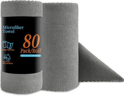 80 Pack Microfiber Cleaning Cloth Roll Reusable Paper Towels 12"x12" Tear Away Cloth, Microfiber Towels for Cars, Wash Cloths, Lint Free Dark Grey Rags for House, Kitchen,Window,Cleaning Supplies