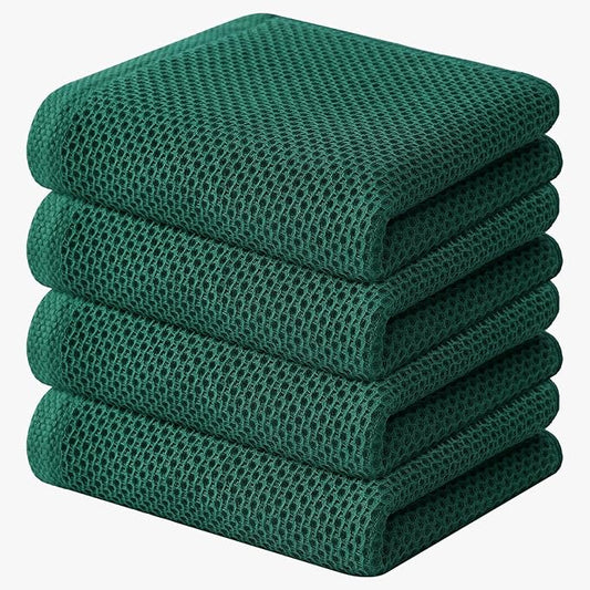 Kitinjoy 100% Cotton Waffle Weave Kitchen Hand Towels (13 X 28 Inches, Dark Green), 4-Pack Super Soft and Absorbent Dish Towel for Drying Dishes