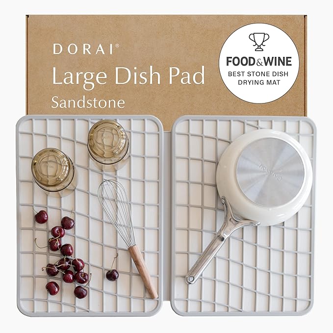 Dorai Home Dish Pad - Collapsable Stone Dish Drying Mat with Diatomaceous Earth for Quick Drying - Ultra Absorbent - Encased in Woven Silicone - Eco-Friendly, Foldable - Large 24.6" x 16.5", Sandstone