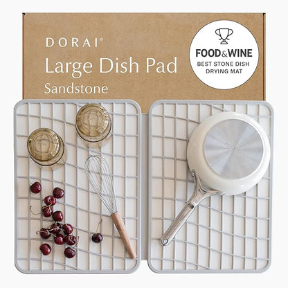 Dorai Home Dish Pad - Collapsable Stone Dish Drying Mat with Diatomaceous Earth for Quick Drying - Ultra Absorbent - Encased in Woven Silicone - Eco-Friendly, Foldable - Large 24.6" x 16.5", Sandstone