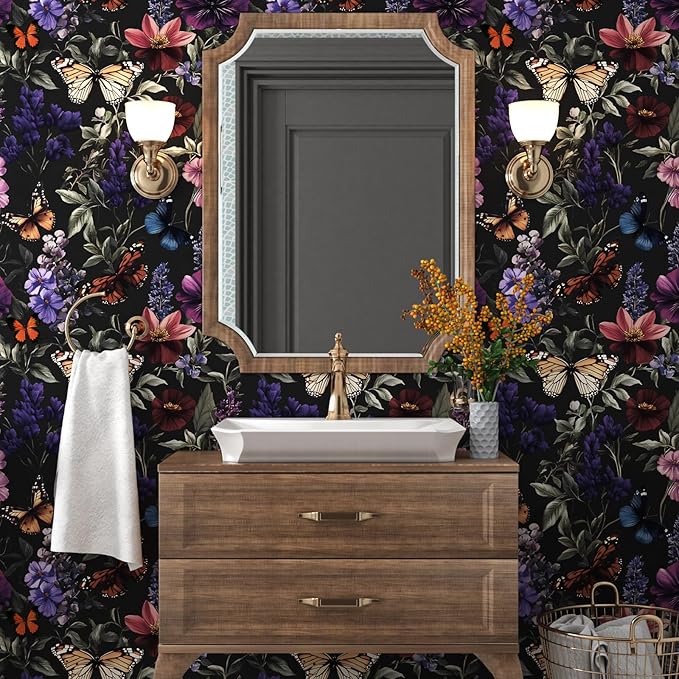 Vintage Floarl Butterfly Wallpaper Peelable, Dark Black Flower Design Self Adhesive Removable Wall Paper for Bedroom Cabinet Kitchen, Vinyl Gothic Contact Paper 17.5In x 118In Dark Colorful