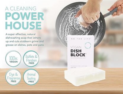 NO TOX LIFE Vegan Dish Block, 6 oz – A Solid Dish Soap for Effective Cleaning of Dishes, Pots and Pans – Ultra-Concentrated Biodegradable Formula – Fragrance and Dye Free – 2 Pack