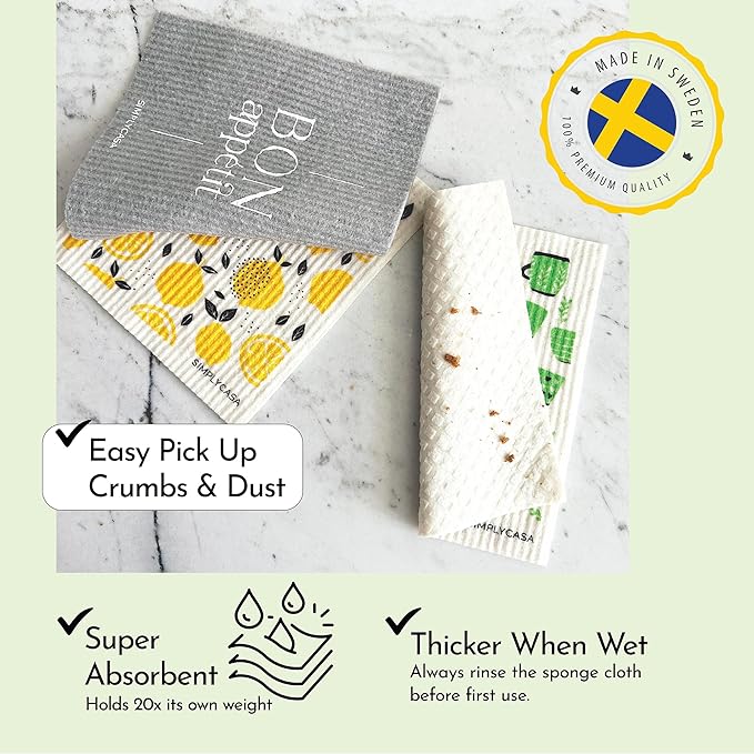 8 Pack Reusable Swedish Dishcloth, for Kitchen and Household Use, Super Absorbency, Made in Sweden, Cellulose Sponge Dish Cloths, Paper Towel Replacement, Plastic-Free Packaging