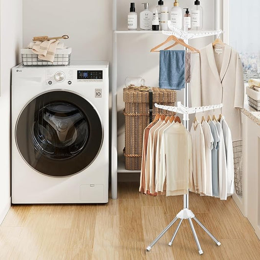 SUYU Clothes Drying Rack,Folding Clothes Drying Tree, 2 Layer with 6 Rotatable Arms,72-Inch Indoor Clothes Rack,Stainless Steel,4 Legs,White and Silver SNJ202