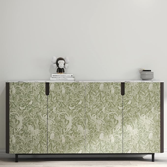 Vinjiasin Boho Safari Animal Wallpaper, Green Neutral Tone Jungle Leopard Zebra Bird Peel and Stick Wallpaper,Waterproof Contact Paper for Nursery Bedroom Living Room Home Decor 17.7" x 78.7"