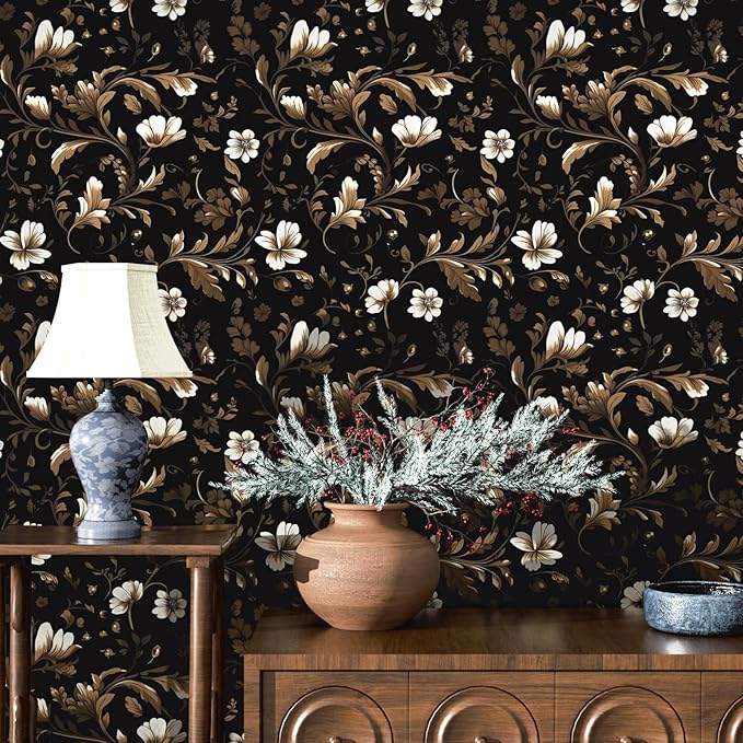 Fvlow Vintage Wallpaper Peel and Stick Black Floral Wallpaper Black White Wall Paper Gold Leaf Contact Paper Waterproof Self-Adhesive Wall Covering for Bathroom Countertop Desk Cabinet 17.4" x 118"