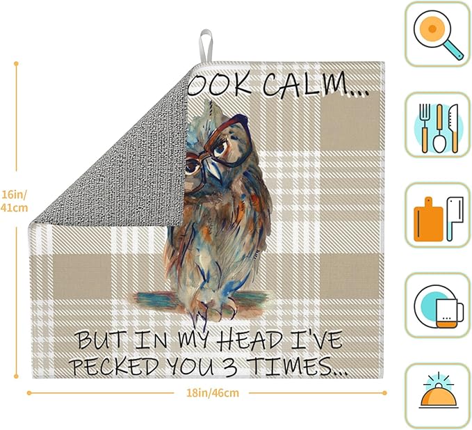 Funny Owl Dish Drying Mat for Kitchen Counter Cute Buffalo Plaid Drying Mat Washable Absorbent Reversible Microfiber Drying Pad Kitchen Accessories 16"x18"