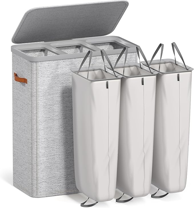 Sorbus Laundry Hamper with Lid - Collapsible 3-Compartment Fabric Laundry Basket with Handles and Removable Laundry Bag – 50 Gallon (190 L) Dirty Clothes Hamper for Bedroom, bathroom and dorm (Gray)