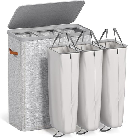 Sorbus Laundry Hamper with Lid - Collapsible 3-Compartment Fabric Laundry Basket with Handles and Removable Laundry Bag – 50 Gallon (190 L) Dirty Clothes Hamper for Bedroom, bathroom and dorm (Gray)