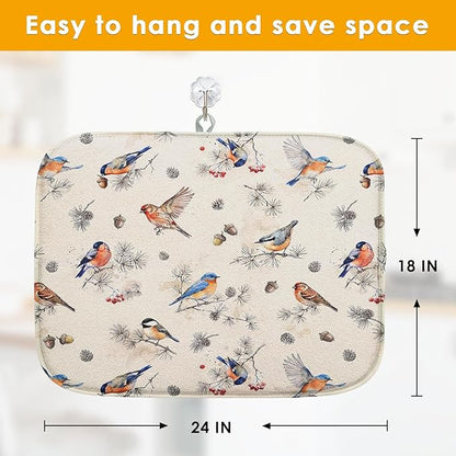 Sanwarm Absorbent Dish Drying Mat, Vintage Birds Watercolor Cute Floral Microfiber Pad for Kitchen Counter, Coffee Bar Decor, Heat Resistant and Reversible, 18" x 24"