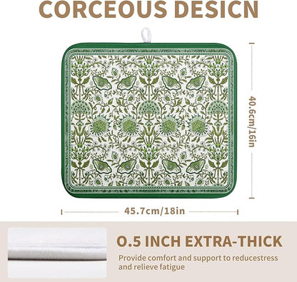 Green Floral Dish Drying Mat for Kitchen Counter 16x18 Inch Spring Summer Flowers Drying Mats Microfiber Absorbent Dish Drainer Pad Reusable Washable Dish Draining Mat for Coffee Bar Sink