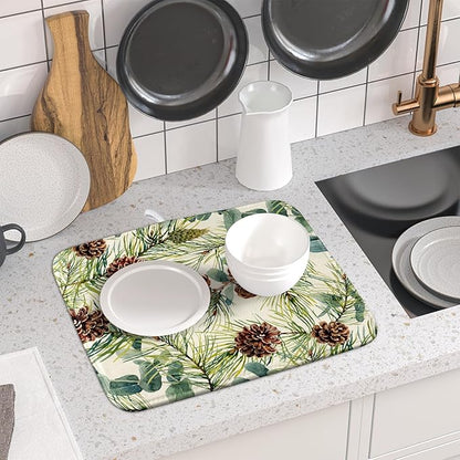 Winter Dish Drying Mat for Kitchen Counter 16x18 Christmas Evergreen Leaves Pinecone Holiday Theme Absorbent Reversible Microfiber Drying Mats Kitchen Countertop Protector Dishes Drainer Pad