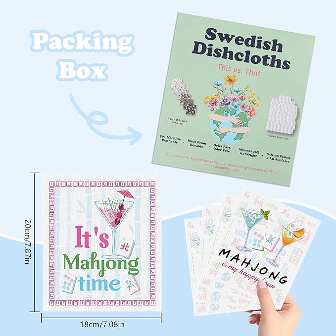 Mahjong Swedish Dishcloths for Kitchen, 6 Pack Mah Jongg Cocktail Swedish Dish Cloths for Washing Dishes, Reusable Washable Absorbent Dish Towels for Home Kitchen Cleaning Quick Drying