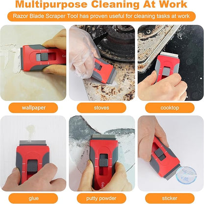 Razor Blade Scraper with 10pcs Blades and 3Pcs wire brushes,Scraper Tool for Cleaning Glass Window, Cooktop, Oven, Stove Scraper, Scraper with Buit-In Blade Storage, Upgraded Lock Mechanism,Gray