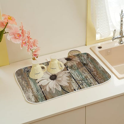Rustic Daisy Dish Drying Mats 18x24 Inch Vintage Sunflowers on Wooden Board Drying Mats Seasonal Outdoor Farmhouse Decor Coffee Bar Mat Fast Drying for Kitchen Dining Room Decorative