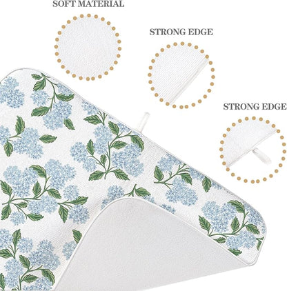 Blue Green Dish Drying Mat 18x24 Inch Vintage Floral Hydrangea Flower Drying Mat Spring Summer Absorbent Dish Drying Pad Dish Rack Drainer Mats for Kitchen Dining Counter