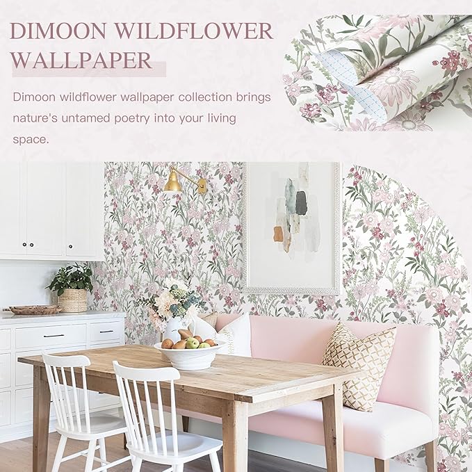 Dimoon 385"x17.3" Vintage Wallpaper Floral Peel and Stick Wallpaper Boho Contact Paper White Pink Green Cute Flower Removable Wall Paper Renter Friendly Kitchen Shelf Bathroom Self Adhesive Vinyl Roll