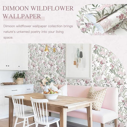 Dimoon 385"x17.3" Vintage Wallpaper Floral Peel and Stick Wallpaper Boho Contact Paper White Pink Green Cute Flower Removable Wall Paper Renter Friendly Kitchen Shelf Bathroom Self Adhesive Vinyl Roll