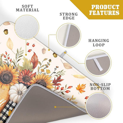 Autumn Sunflowers Vase Dish Drying Mat for Kitchen Counter,Fall Pumpkin Maple Leaves Drying Mat 18 x 24 Inch with High Absorbent Microfiber Dish Drying Drainer Mat for Coffee Bar