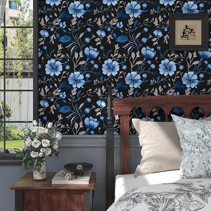 Blue Floral Peel and Stick Wallpaper, Moody Dark Flower Theme Contact Paper Stick on Bedroom Living Room Kitchen, Vintage Self Adhesive Removable Wall Paper Dark Black Blue 17.5In x 118In