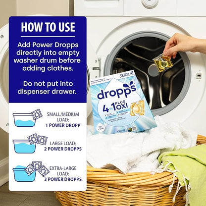 Dropps 4-in-1 Plus Oxi Laundry Detergent Pods, Free & Clear (38 Count) - Unscented Laundry Pods | Odor Defense | Fights Stains | Whitens & Brightens | Clean Ingredients | Plastic Free Packaging
