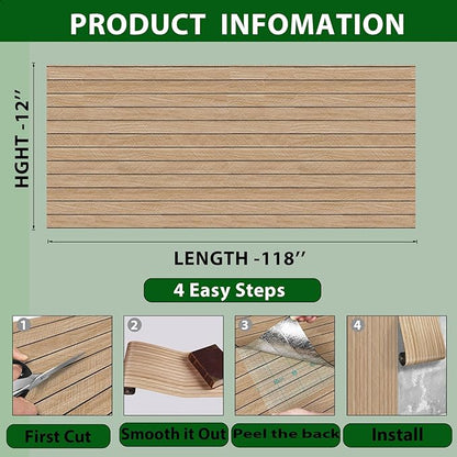 ReWallpaper Self Adhesive Wood Panels for Wall Peel and Stick Light Oak Faux Wood Slat Wall Panel Waterproof Sound Proof Foam Panels for Bedroom Bathroom Living Room Door DIY Home Decor 12in x 10ft