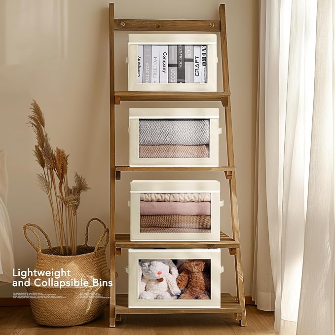 Large Storage Baskets with Lids - Stackable Cube Bins for Closet, 6 Pack Beige Windows Organizer Bins, Home Organizers and Storage for Clothes, CD, Towels