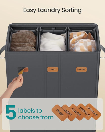 SONGMICS 47.6 Gallon (180 L) Laundry Hamper, 3-Compartment Laundry Basket Sorter with Lid, Labels, Removable Liner Bags, for Bedroom, Dark Gray URLH013G01