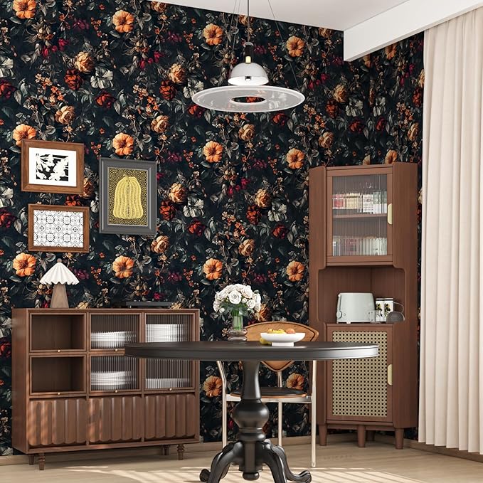 Vintage Floarl Wallpaper Peel and Stick, Black Dark Moody Garden Flower Self Adhesive Removable Wallpapers for Bedroom Powder Room Cabinet, Vinyl Witchy Contact Paper Wall Art 17.5In x 118In